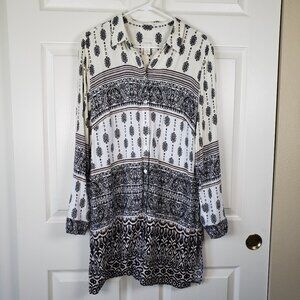 Chicos 2 Us Size L Bohemian Lagenlook Long Sleeve Collared Button Tunic Blouse